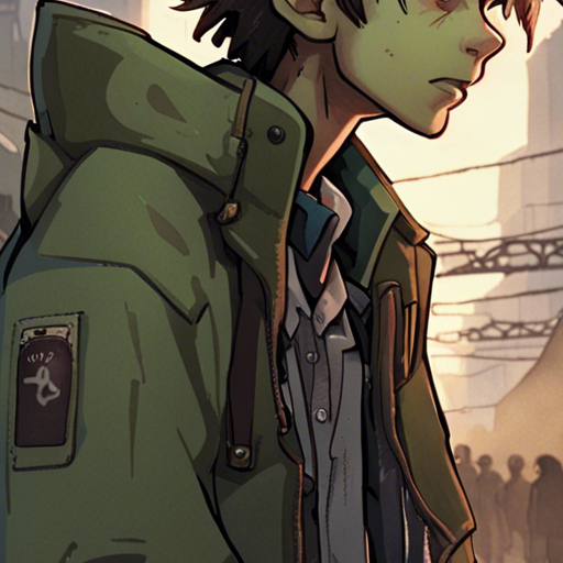 A wary teenager with shaggy hair and a patched-up jacket holds a small cage with a rat inside. His eyes dart around nervously as he speaks. The bridge stretches out behind him, with shops and shelters clinging to its cables and support struts. It's late afternoon, and the sky is overcast with a hint of rain in the air.