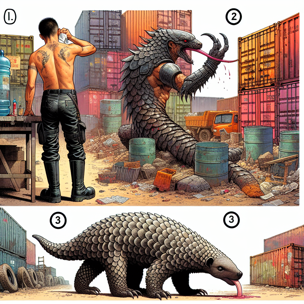 1. A shirtless man with leather pants and tall boots stands by a work table, wiping his hands with a rag. A human-sized Pangolin mutant with armor-like scales and a long nose extends its sticky tongue into the air. Rotting shipping containers form walls around a dusty yard with large water containers and tire marks leading to a gate.