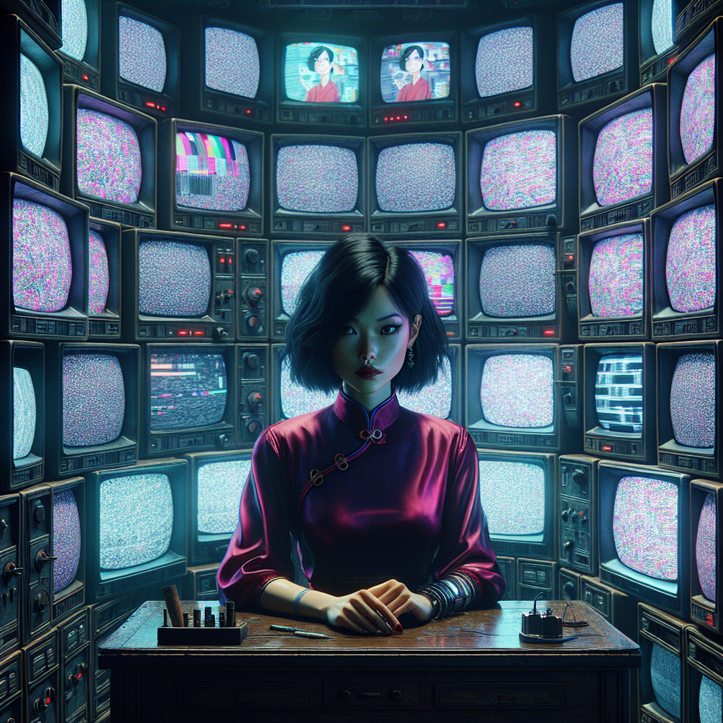 1. A woman with dark hair, wearing a conservative blouse, sits at a desk surrounded by CRT televisions, her gaze fixed on the screens with a look of intense concentration. The cramped control room is dimly lit, with the exception of the flickering lights from the monitors and a cartoon playing on one screen.