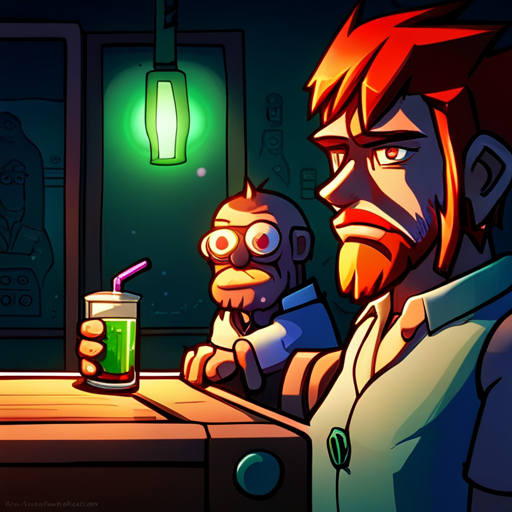 Zeb's eyes focus on the vial of green drink, its neon glow fading on the wooden bar of The Chatsubo. The dim red lights illuminate the bar, where Ratz, a gruff figure with a robotic arm, stands. A drunk man sleeps in a pool of drool nearby. Zeb, a bearded man with a spikey mohawk, feels invigorated as the energy subsides, preparing for his next move.
