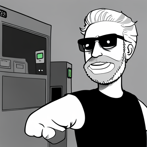 Zeb sees a flickering hologram of Ben Brown, an internet pioneer from the 21st century. Ben has a graying beard, black fingernails, and a nose ring. He wears a black teeshirt and jeans and stands in front of a vending machine. Ben greets Zeb, who considers asking for a selfie but is interrupted by Ben's conversation.