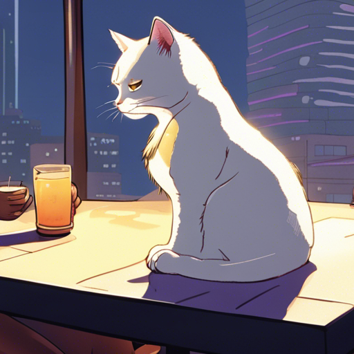 Zeb sees Molina, a white overweighted female cat, sitting at a table in the Corpo District. She is enjoying sake, her eyes sparkling with mirth and a playful smile on her face. Zeb feels a deep connection to her warmth and friendship in this moment of shared enjoyment. The mid-day sun casts a warm glow on the skyscrapers covered in corporate logos surrounding the central square. A hideous piece of corporate art stands in the square, while steam leaks out of a slightly ajar manhole. A holo billboard flickers nearby, adding to the futuristic atmosphere.