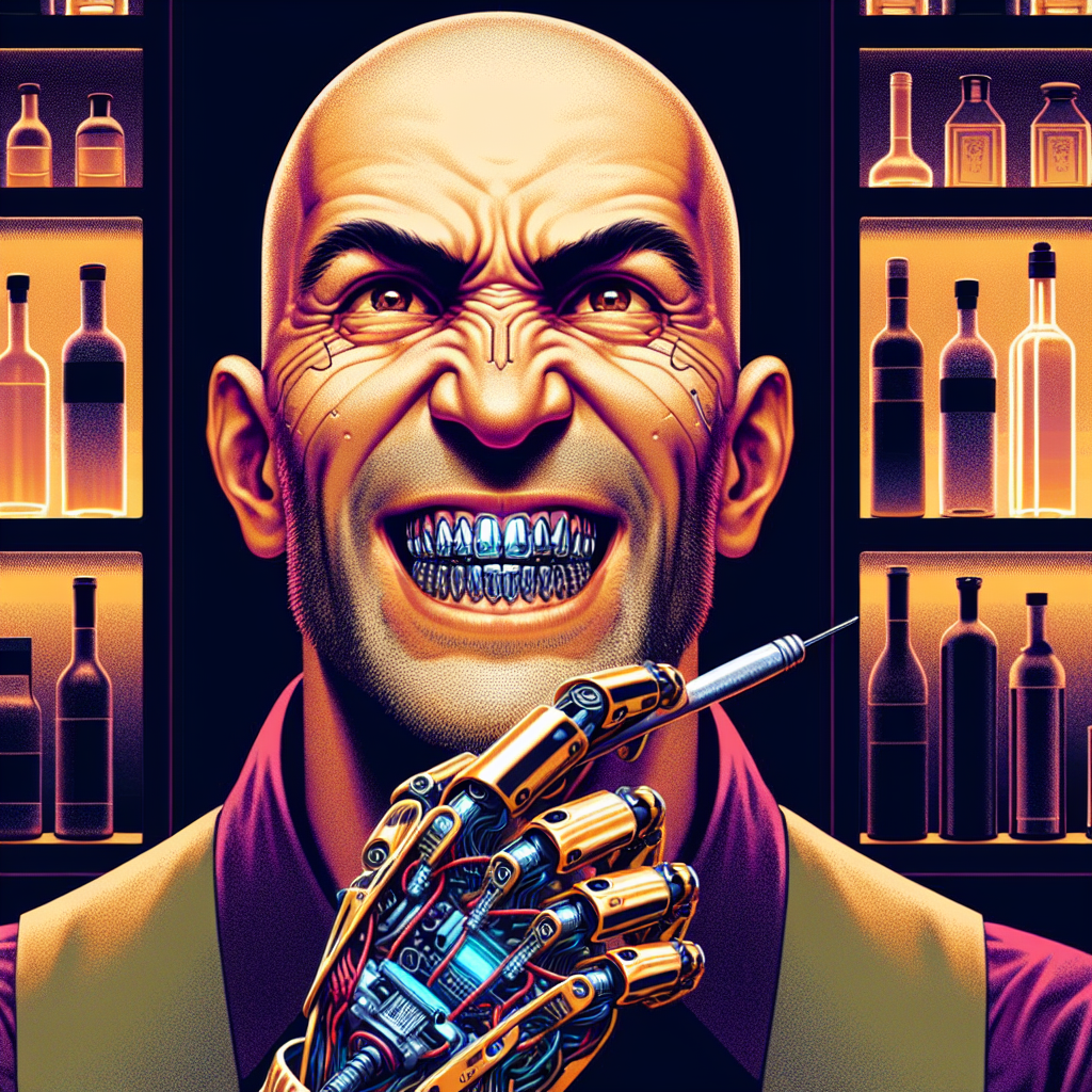 1. A shaven-headed bartender with squinty brown eyes and a wrinkled face clenches his metallic teeth, revealing steel dental prosthetics. His robotic arm moves jerkily as he works behind a dimly lit bar.