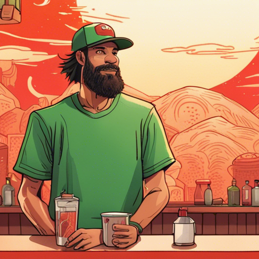 A tall man with a beard wearing a green t-shirt and a baseball hat stands at the bar of a tiny ramen restaurant. He looks up at a large turtle-like creature with a bowl on its head, who smiles and greets him. The red and white mural of a sunrise on the wall adds a touch of warmth to the scene. The air is filled with the delicious aroma of steaming ramen. It is a cozy and inviting atmosphere.