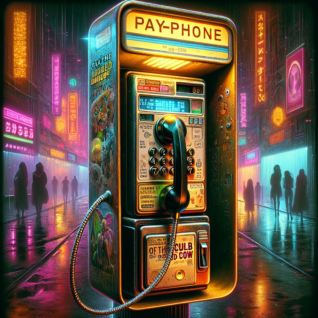 1. A classic rotary dial payphone, its coin return revealing a lone quarter. A "Cult of the Dead Cow" sticker adorns the folding glass door, while an anachronistic dataport sits incongruously on the phone's side. The city's nocturnal glow reflects off damp streets and low clouds, with silhouettes of people and pulsating nightclub lights in the background.