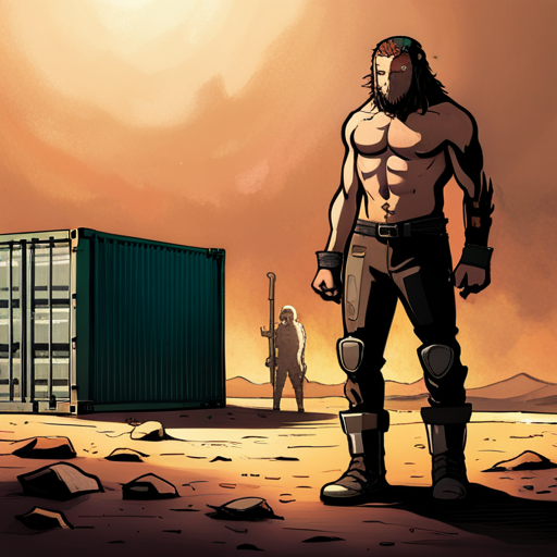 Potato sees a shirtless man with piercings and a Pangolin mutant covered in scales. They stand in front of a container outpost in the Wasteland.
