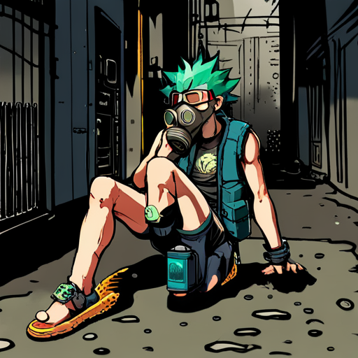 A green-haired dude in board shorts and flip flops wears a gas mask and bulletproof vest while investigating a dark alleyway with a small fire and scattered objects. Footsteps approach from behind.
