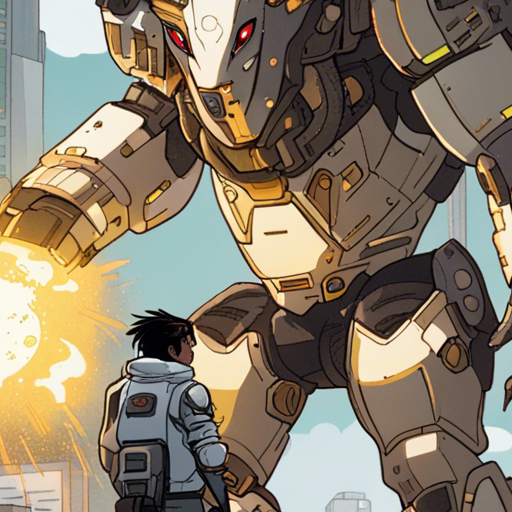 Wrewdison stands in front of the mecha battle suit, holding the control unit in their hand. The suit, shining white with gold highlights, towers over them. The docks burn in the background, ash filling the air. The kaiju monster, a giant mutated capybara, smashes buildings in the distance. The suit is ready for action.