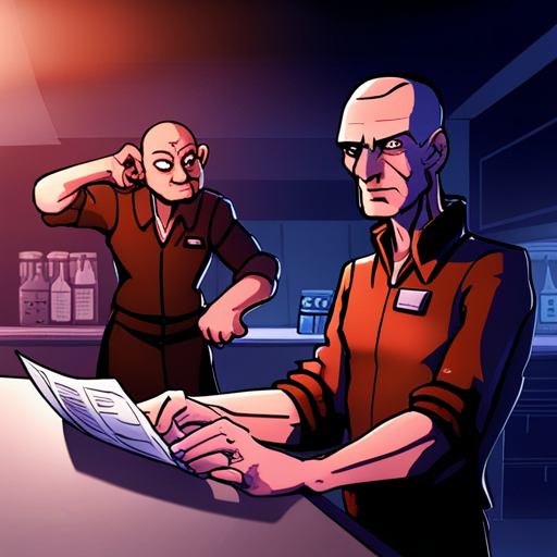 Lazarus studies the map, while Ratz stands behind the bar. Ratz is a gruff, imposing figure with a shaven head, squinty brown eyes, and a wrinkled face. He wears a Russian military prosthesic arm, cased in grubby pink plastic, which jerks monotonously as he works.
