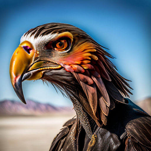 The buzzard is a grotesque sight, with matted, brown feathers that look as though they haven't been groomed in ages. Its hooked beak is stained with blood and saliva, and its eyes, dark and beady, seem to gleam with a sinister intelligence. The head of the biker dangles limply from its grip, an ominous reminder of the dangers lurking in this barren wasteland.