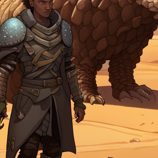 Thraeryn sees Pangolin, a human-sized mutant covered in armor-like scales, his face showing a mix of curiosity and frustration. The desert light shimmers off his scales as his piercing gaze reveals a hint of sadness, carrying the weight of his mutated existence. The eroded wasteland road stretches behind them, a desolate backdrop to their encounter.