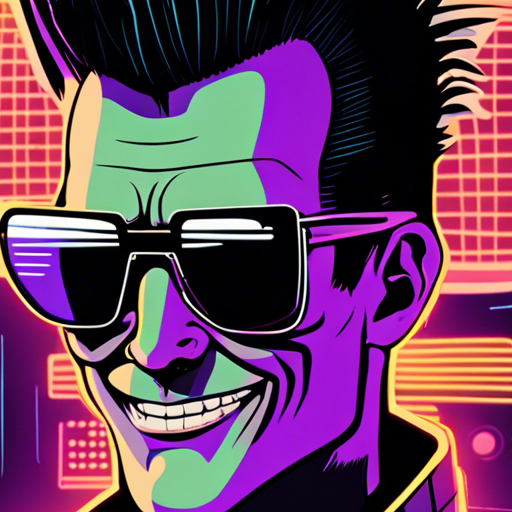 Max Headroom, with a mischievous grin, appears on the television screen in front of a grid of neon lights. He wears black sunglasses and only his head and shoulders are visible. The control room of Network