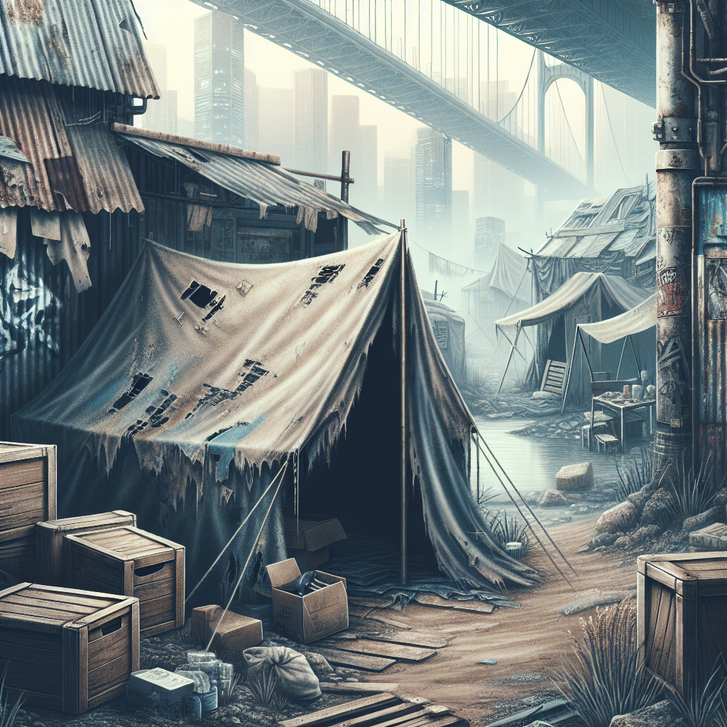 1. A dilapidated tent, fabric torn and dust-covered, sits abandoned behind crates near a shuttered shop on The Bridge, with makeshift shelters in the background.