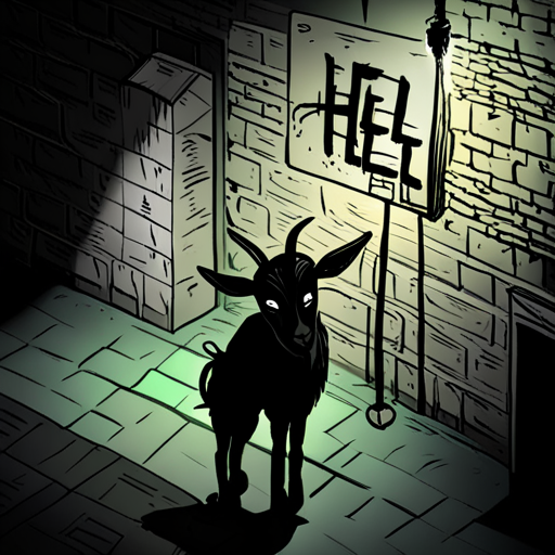 A black goat with twisted horns stares at Dirk's needle, warning him of the dangers of blood magic. The wet, grimey alley is dimly lit by a flickering lightbulb, with the word "Hell" spraypainted on the wall. 
