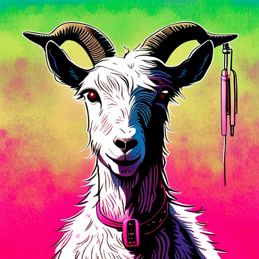 In the photo, a scruffy goat with shaggy brown fur stands on its hind legs, its head tilted upwards towards a fluorescent pink minidisc clamped firmly between its teeth. The minidisc is labeled "secrets.txt" in bold black sharpie. The goat's eyes glint with excitement as it stares down at the disc, its cloven hooves tapping impatiently on the wet pavement. Lazarus stands in the background, his towering frame shrouded in a flowing black cloak, watching the goat with a mixture of amusement and mild curiosity. The flickering light above casts deep shadows on the brick walls of the alley, as if concealing some dark, hidden secret.