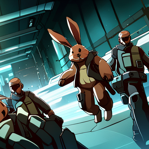 Truffle, a small brown rabbit with floppy ears, looks around for threats. Suddenly, heavily armed guards rush into the factory, shouting orders. The players wait, feeling the ground shake beneath them.