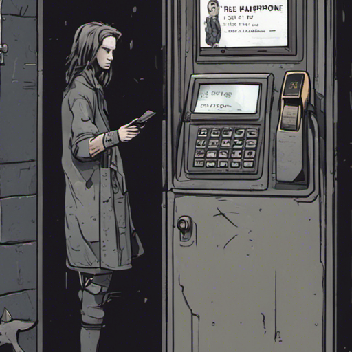 Thraeryn examines the old, weathered payphone with a cult of the dead cow sticker on the glass door. A mysterious dataport stands out on this outdated phone. A quarter sits in the coin return.