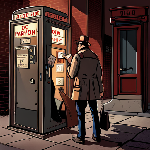 Cinja, a tall man in a patchy trench coat, notices a classic rotary dial payphone in a phone booth with a folding glass door. A quarter sits in the coin return, and a cult of the dead cow sticker is stuck on the outside. He sees a mysterious dataport that shouldn't be on a phone this old. The alley is dimly lit, damp, and littered with trash. Thumping music and people partying can be heard from nearby nightclubs.