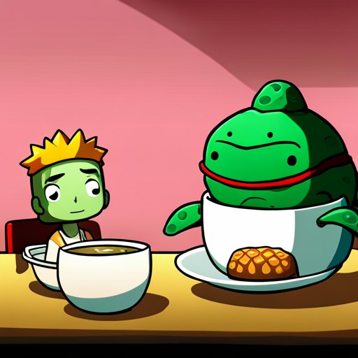 Zeb looks at Kappa, the ramen cook, who wears a bowl on his head filled with broth. Kappa is a large turtle with magical food-preparing powers and is slightly damp. The scene takes place in Ramen Heaven, a tiny restaurant with a red and white mural of the sunrise on the wall.
