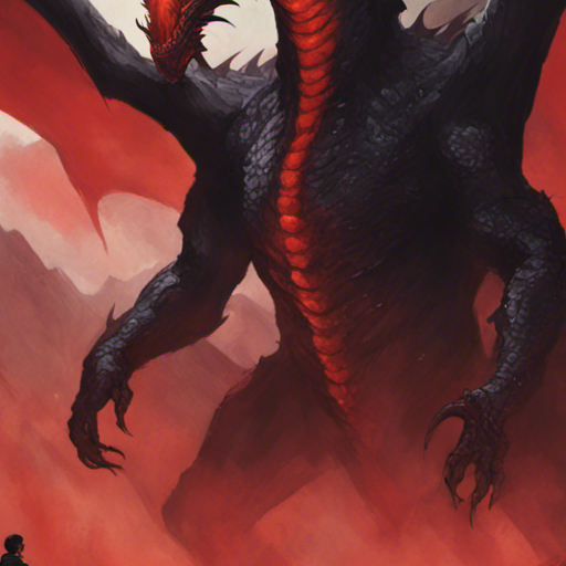 A large black dragon with its wings folded back tilts its head, considering a question. A wisp of smoke curls from his nostril. Thraeryn, an incredibly red man, stands before him, listening intently. They are at the bottom of a collapsed crater of a dormant volcano, surrounded by rocky walls. The sky above is cloudy, with a hint of orange from the setting sun.