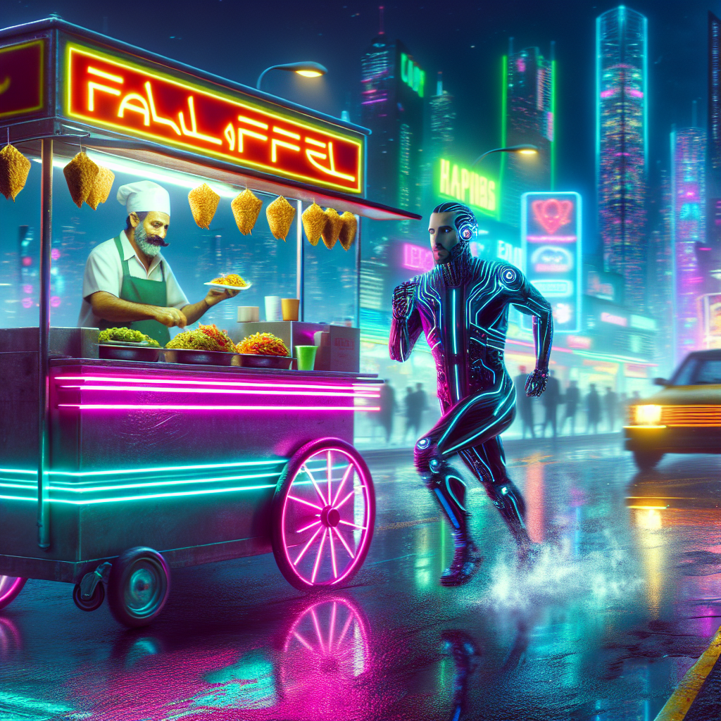 1. A figure dashes past a neon-lit falafel cart, where a mustachioed man serves food. City lights glimmer on damp streets, nightclubs pulse in the background.