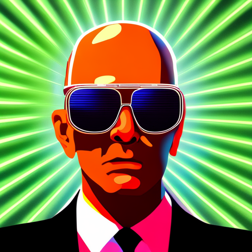 Max Headroom, a talking head on a TV screen, wears black sunglasses and makes sarcastic remarks. Neon lights form a grid behind him. Zeb listens intently.
