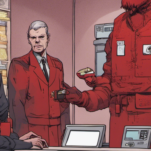 Thraeryn, an incredibly red man, stands in front of a bank teller wearing an ugly puce uniform. The teller looks anxious as she explains that the bank doesn't serve ramen, but rather deals with financial and data-related matters. In the background, a vault can be seen, indicating the secure nature of the facility. The scene is set in Databank, a corporate bank and data storage facility, with the teller inside a bulletproof booth. It is a bright day outside, with clear skies and a gentle breeze.