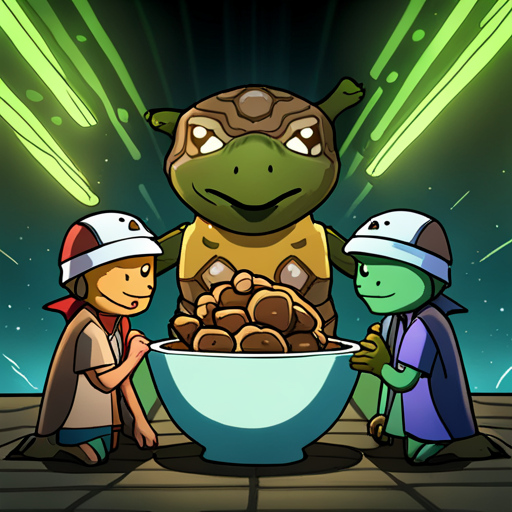 Kappa, a large turtle with a bowl on his head, greets Zeb and notices Truffle and the orc skull helmet. He asks if Truffle will join them for a meal at Ramen Heaven, where the red and white mural of the sunrise is painted on the wall and the smell of delicious ramen fills the air.
