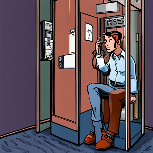 Cinja, a tall man with a ponytail and shaved sides, presses the hookswitch on a classic rotary dial payphone in a phone booth with a folding glass door. A quarter sits in the coin return, and a cult of the dead cow sticker is stuck on the outside of the glass door. Cinja dials 911, but there is no response on the other end of the line. The city lights reflect off low clouds overhead, and thumping baselines echo from nearby nightclubs. The falafel guy stands nearby, selling his delicious food.