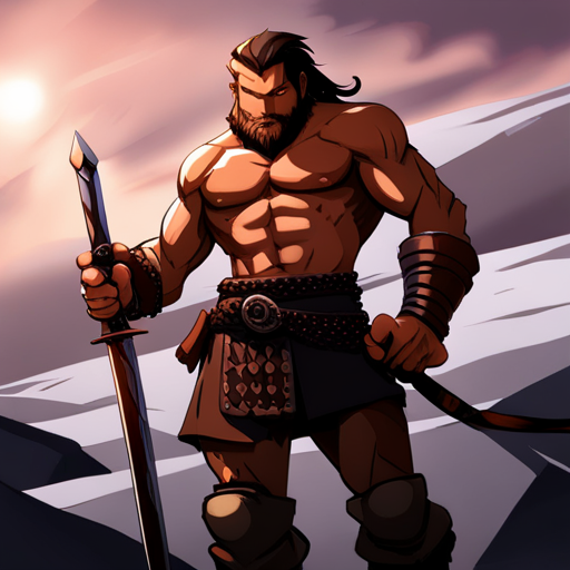 The hulking barbarian, wearing only a fur loin cloth and tall boots, grins at Zeb. His wild hair and beard frame his rugged face, and his sword is at his side. 
