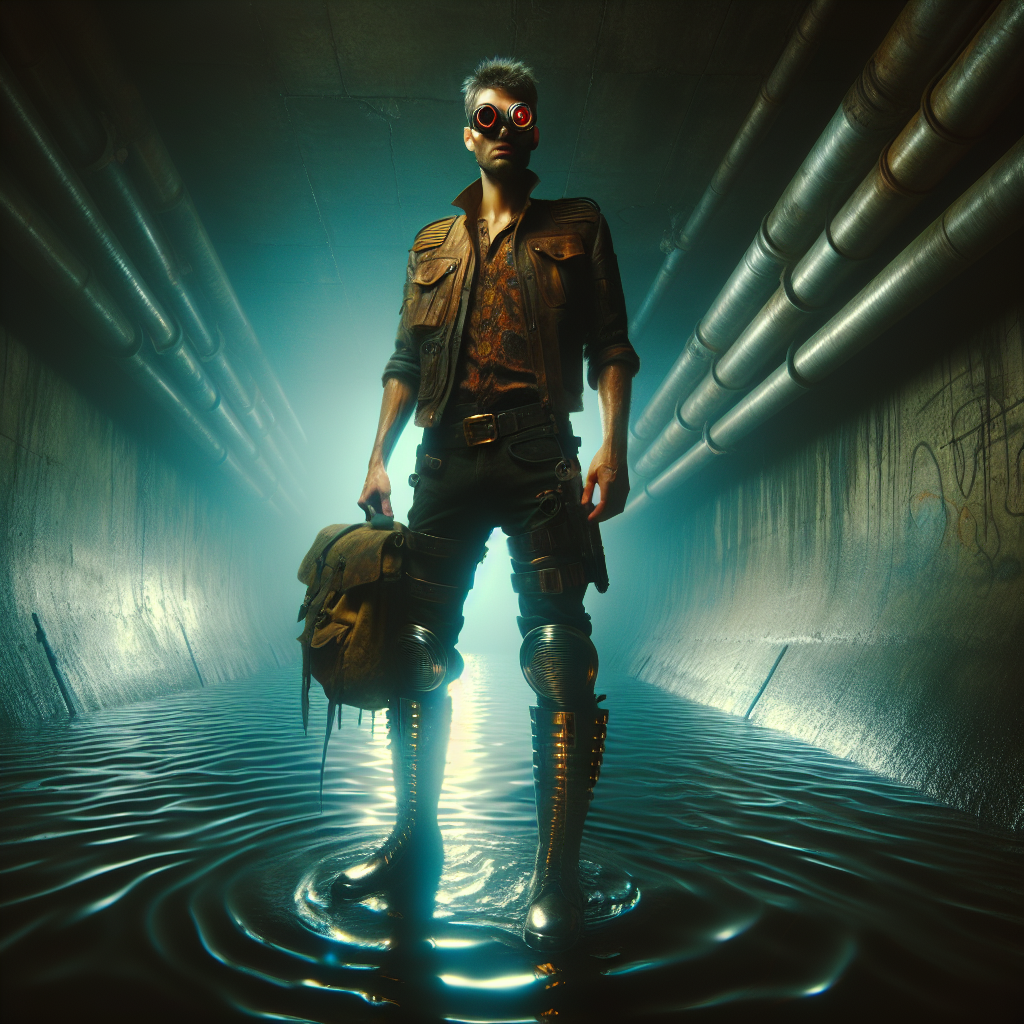 1. A pale man in tall boots stands in a dimly lit sewer, water rippling at his feet. His greasy hair partially obscures glowing goggles. A large knife hangs from his belt, and an outdated pack rests on his back.