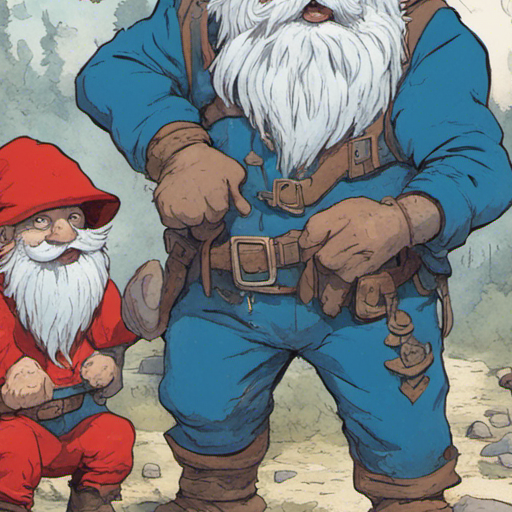 In a sun-filled clearing, a gnome in blue coveralls and a red hat greets a group of travelers. A sarcastic talking donkey, a hulking barbarian in a fur loin cloth, and an incredibly red man stand around the remains of a campfire. Dust motes drift through the air as they discuss adventure and magical treasures. In the background, a mushroom village adds to the enchantment of the scene.