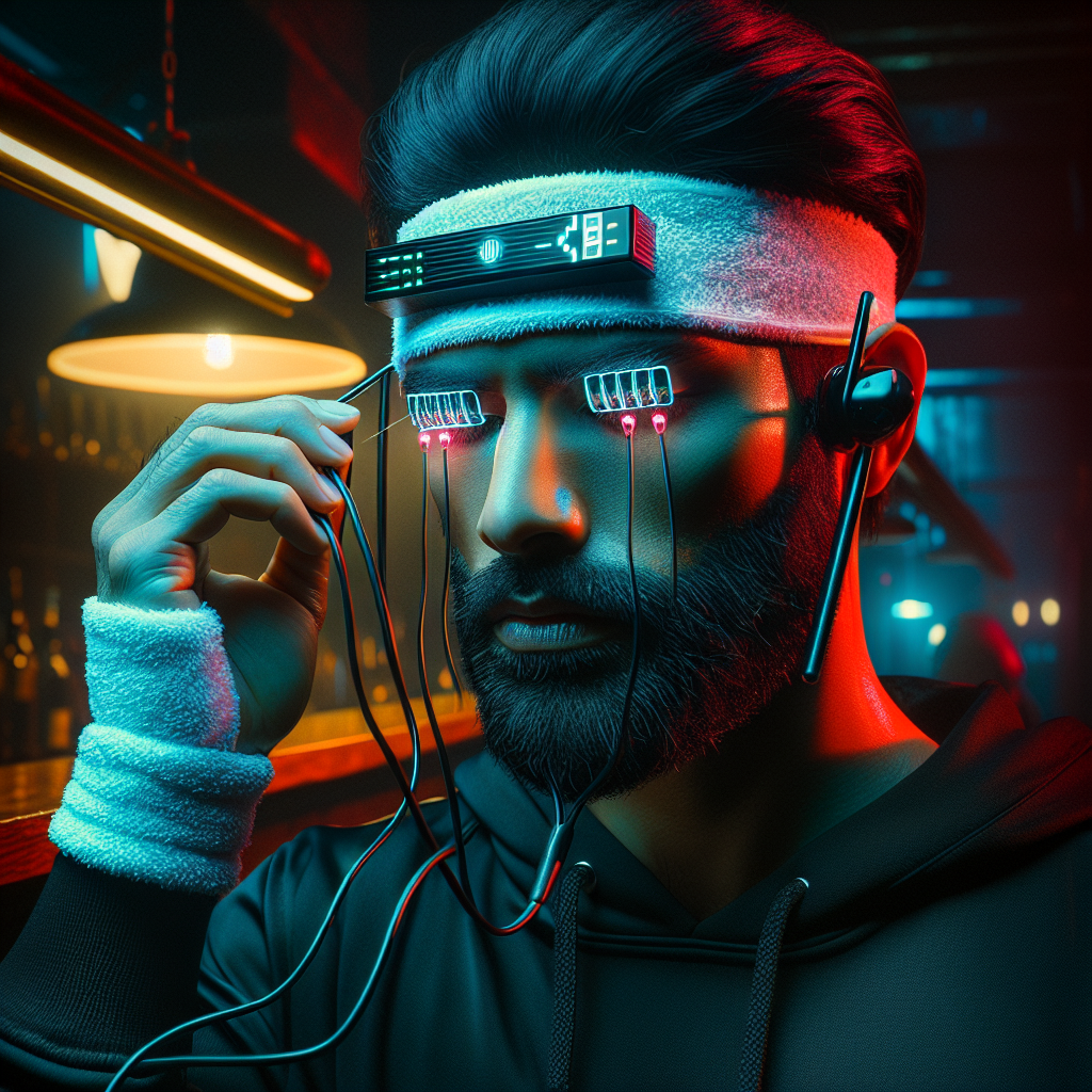 1. A tall bearded man attaches electrodes from a sleek black cyberdeck to his temples, under a terry sweatband. Neon glows reflect off his closed eyelids. Dim red lights and a long wooden bar set the scene.