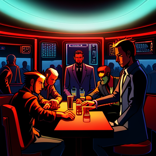 Zeb slides the small data chip across the bar towards Lazarus and Fredrick, its unremarkable appearance belying its valuable contents. The dim red lights of The Chatsubo illuminate the scene as the deck jockeys listen to the loud electronic music playing in the background. Ratz the bartender watches from behind the long wooden bar as the trio conducts their business.
