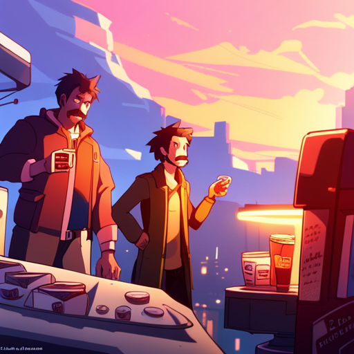 A falafel sandwich with hot sauce is handed to Fredrick by a mustached man at a small food cart. The city lights reflect off low clouds in the background.
