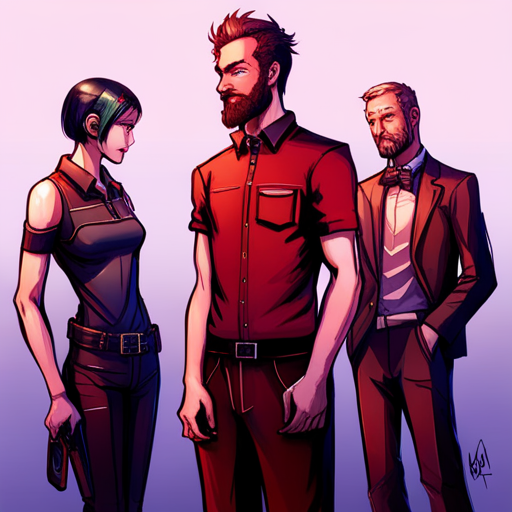 Wrewdison sees a tall, fit man with slightly messy hair and a beard. He is standing in front of a strangely pale woman wearing a blood red vinyl dress and a rotund man wearing a mesh shirt and leather pants. A bearded man with a spikey mohawk is also present. Anesthesia chuckles at Wrewdison's reaction.
