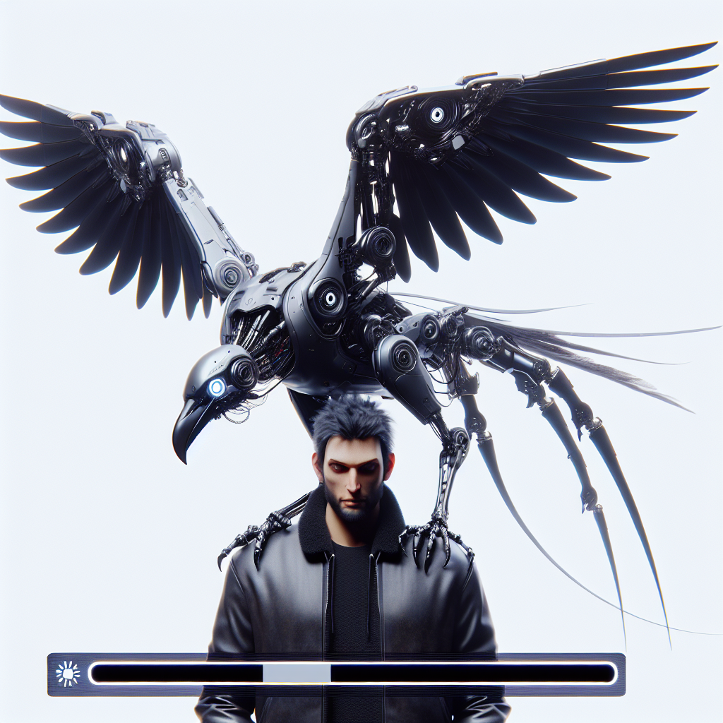 1. A sleek cyborg raven, metallic wings slightly spread, perches on a man's shoulder. Its electronic eyes focus on a creature with an excess of legs, scantily clad in shoes. The white expanse of the Loading Screen surrounds them, stark and empty.