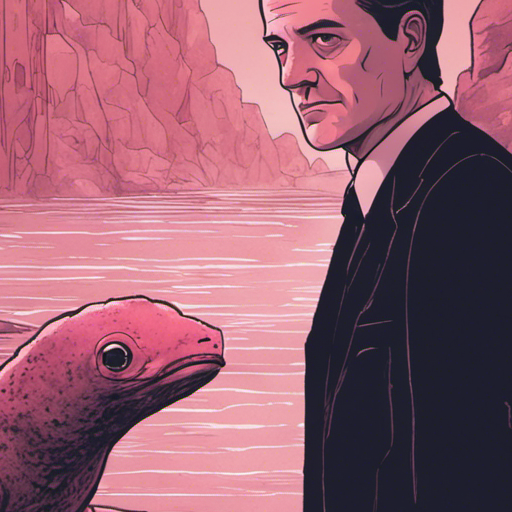 Agent Cooper's gaze is drawn to a cute axolotl standing next to Andy in the dimly lit Desert Cave System. The axolotl's frilly gills softly glow, reflecting a calmness amidst the commotion.