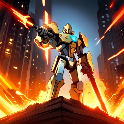 The towering mecha suit stands tall, its white and gold armor gleaming in the fiery chaos of the burning docks. Its energy sword crackles with power, ready to strike down any foe. 
