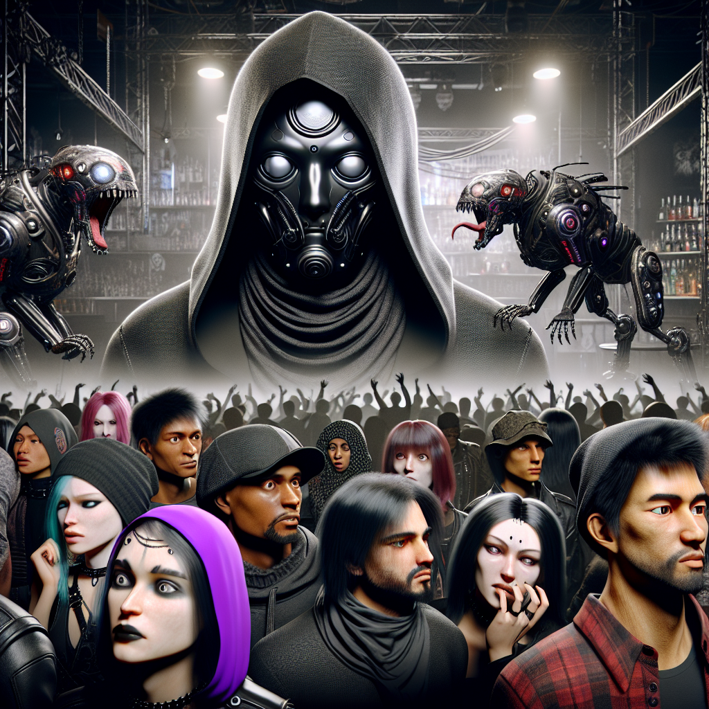 1. A hooded figure with steely gray eyes stands amidst a thrashing crowd of goths, unphased by the intense gaze of a three-headed cybernetic dog. The goth club's stage looms in the background, with a bar lining the far wall.