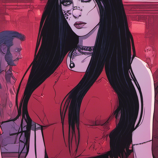 Zeb's eyes focus on Starla, a woman with long black hair and a silver nose ring, standing near the bar. She is surrounded by a group of people, including Rolf, a rotund man in a mesh shirt, and Anesthesia, a strangely pale woman in a blood red velvet dress. The club is dimly lit, with flashing neon lights illuminating the crowded dance floor. It is Devil's Night, and the air is filled with a mix of excitement and mystery. The atmosphere is electric, with the pulsating music and the energy of the goths dancing. The bar is lined with bottles of various spirits, and the stage above the dance floor is adorned with black curtains and a spotlight. It is a moment frozen in time, capturing the essence of the goth club and the allure of Starla in the midst of it all.