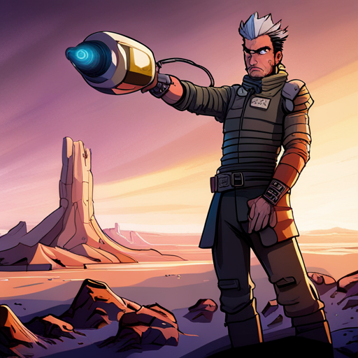 Zeb holds up the Senzo scanning system, pointing it at the shock worm. The device beeps and displays an analysis on the high-resolution screen, revealing the creature's electric abilities. The rocky formation looms in the background as the wind whips through the desert. 
