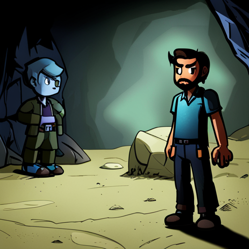 Wrewdison stands in a dimly lit cave, calling out into the darkness. His tall, fit frame is visible, with a beard and slightly messy hair. The rocky terrain makes it difficult to discern any clear indications of where the inhabitant may have gone. A cave axolotyl and a crate are nearby, but there's no response to Wrewdison's calls. The sound of dripping water and the faint rustling of small creatures scurrying around in the darkness breaks the eerie silence.