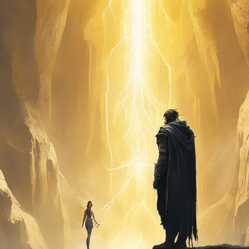 Thraeryn stands tall, surrounded by a radiant glow. Jorm, transformed into a figure of pure goodness, bows in gratitude. The mountain cave is dimly lit, with rays of sunlight streaming through the cracks. The air is heavy with the weight of redemption.