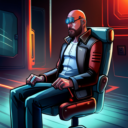 Zeb sees Dixie Flatline, a bald man with a goatee and a cybernetic implant on his forehead, sitting in a chair with his eyes closed. He wears a black leather jacket and has wires attached to his head. 
