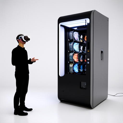 Zeb dons sleek Apple VR gogs, immersing in a virtual world with high-res graphics and realistic sounds. Ben Brown's hologram and a vending machine are visible. 
