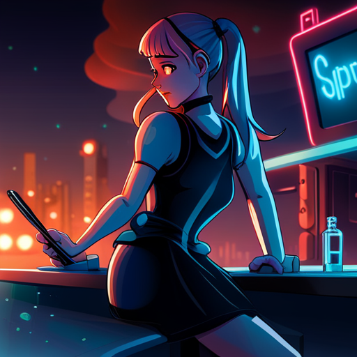 Alice glances at the server stats on her phone, her brow furrowed in concentration. Anesthesia's pale face is illuminated by the glow of her own phone as she sits at the bar. Rolf and Zeb are lost in the crowd on the dance floor.
