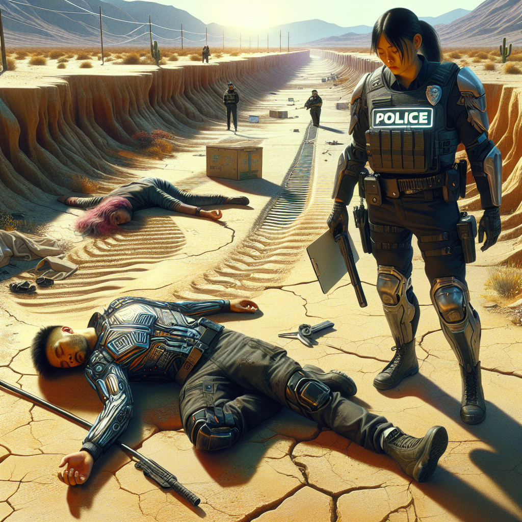 1. Two unconscious figures lie sprawled on the eroded desert road; one in an armored vest with a corporate logo clutches a clipboard, the other in guard gear with a stun baton and riot shield. Deep trenches flank the desolate scene under a harsh sun.