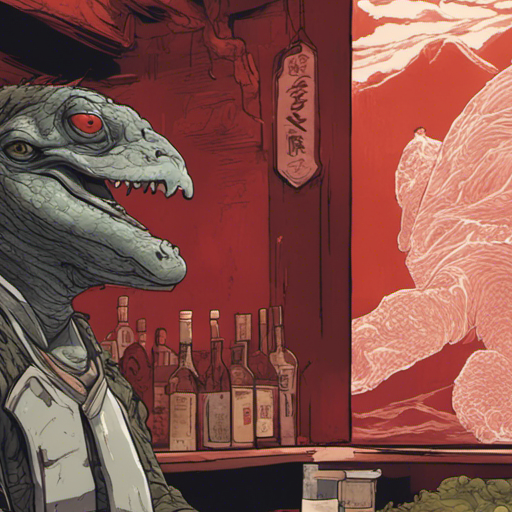 Thraeryn sits at the bar, listening intently to Kappa's wise words. Kappa, a large turtle-like creature with a bowl on his head, takes a deep breath as he speaks. The small ramen restaurant, Ramen Heaven, is filled with the delicious aroma of noodles. The red and white mural of a sunrise on the wall adds a touch of warmth to the scene. Thraeryn, an incredibly red man, absorbs Kappa's message, contemplating the delicate balance between power and compassion.