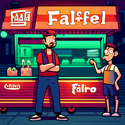 A man with a constant look of surprise on his face stands in front of a small food cart. The cart is adorned with colorful signs advertising the best falafel and giros in town. Behind the cart, a guy with a mustache and warm smile looks up from his cooking, his Israeli accent evident as he asks Waffles what he would like to order.